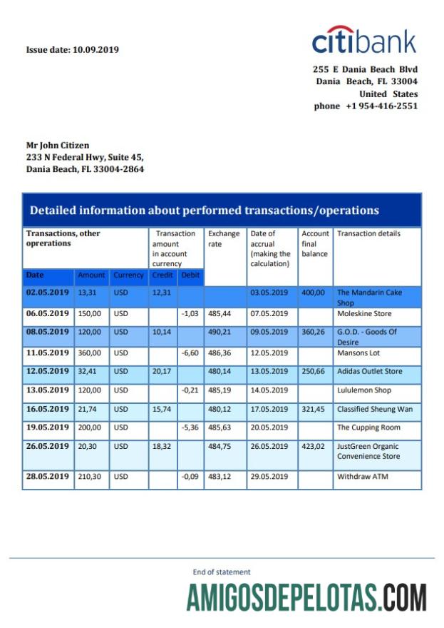 Modelo realista de comprovante de endereço bancário do Citibank de Hong Kong em formato Word e PDF